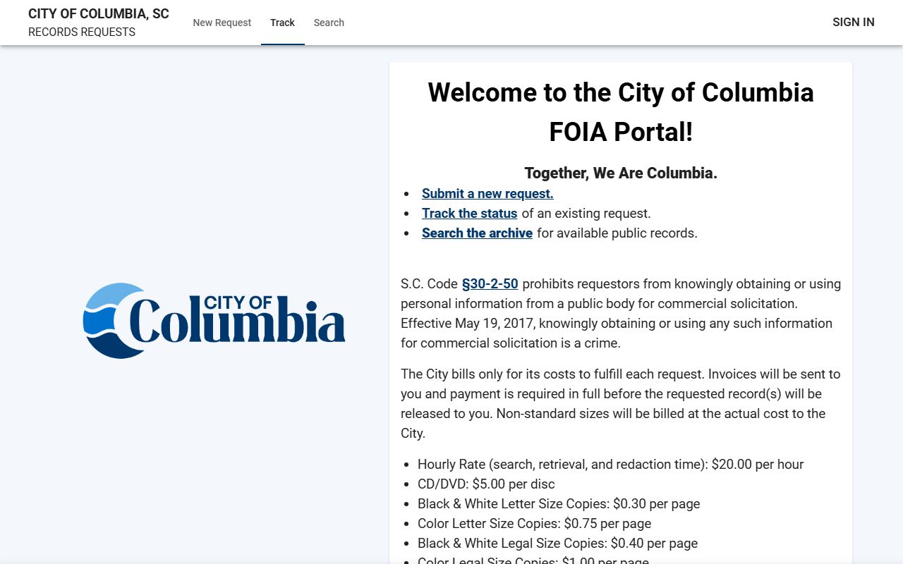 Columbia South Carolina FOIA public records portal