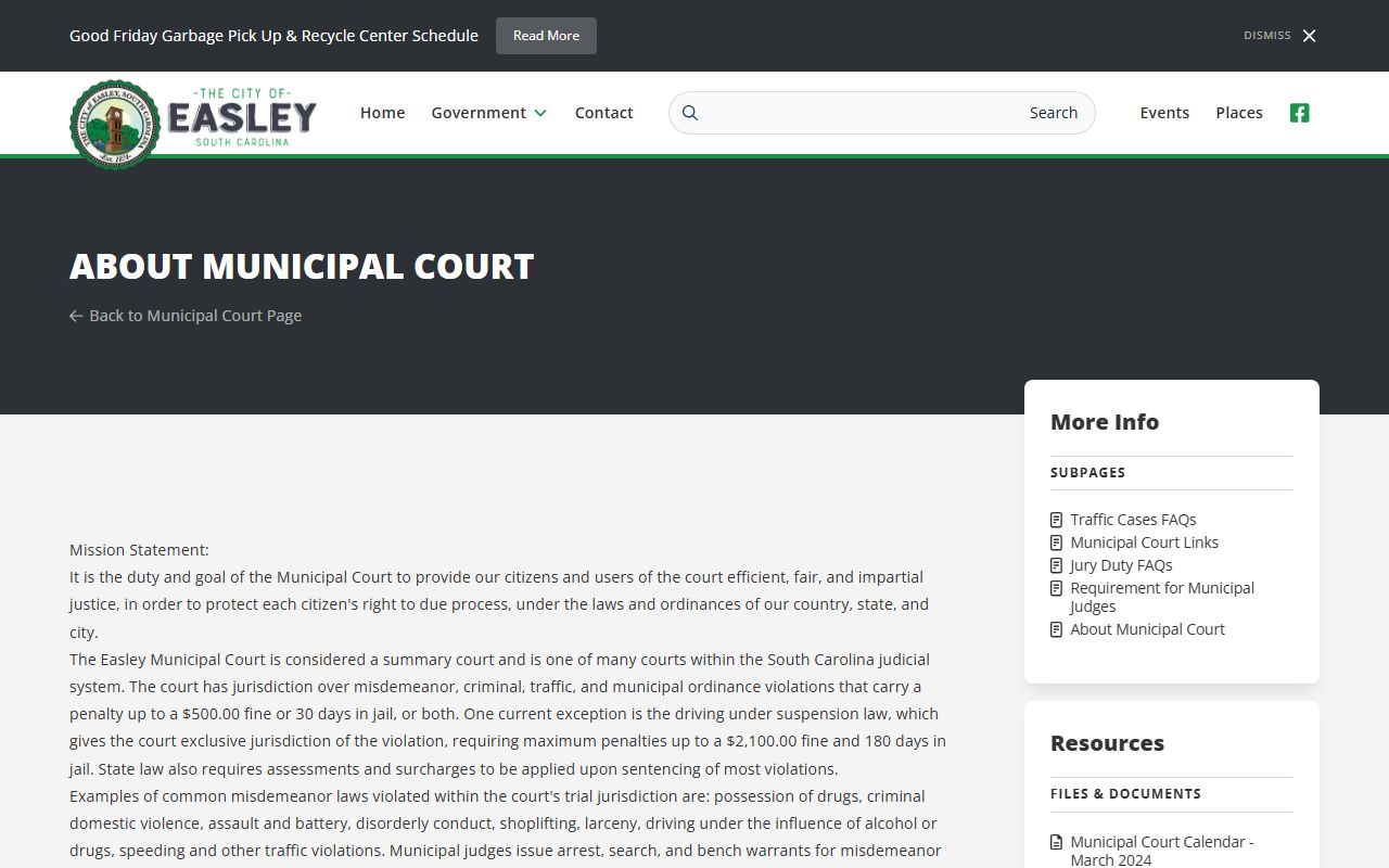 About Easley Municipal Court page