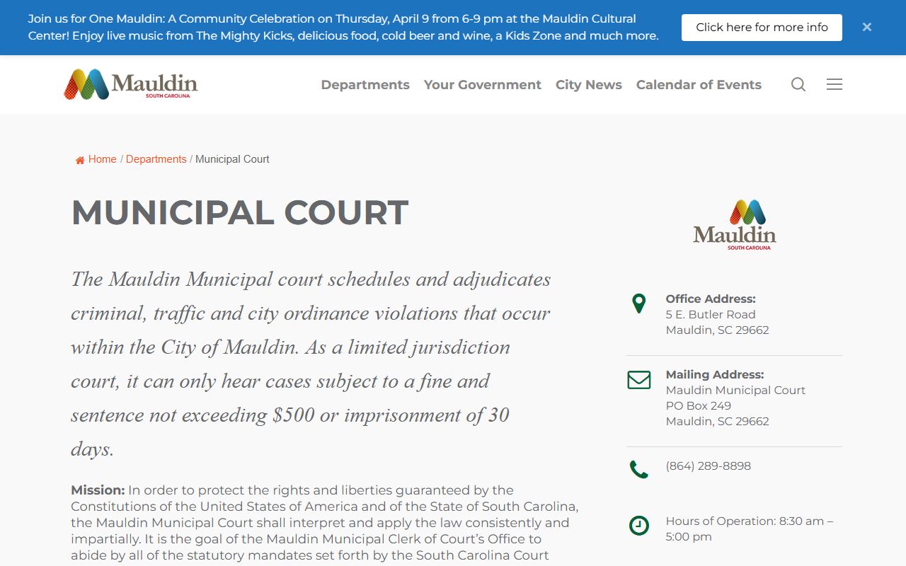 Mauldin Municipal Court department page