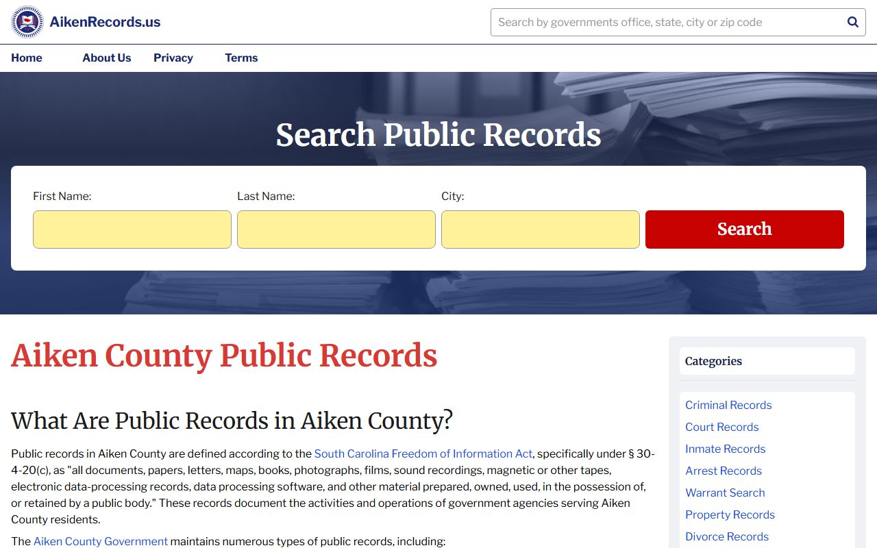 Aiken County Register of Deeds website for property and court records access