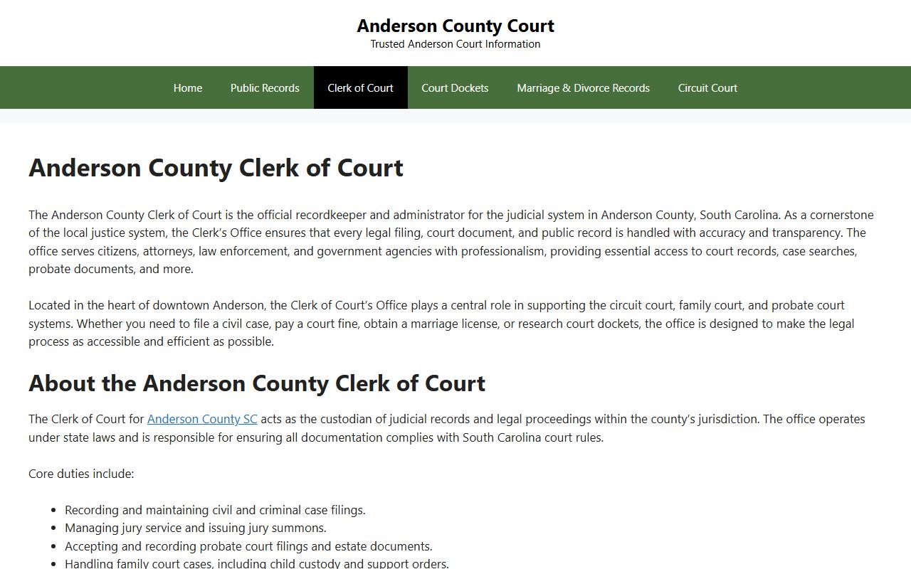 Anderson County Clerk of Court website for court records and bankruptcy case search