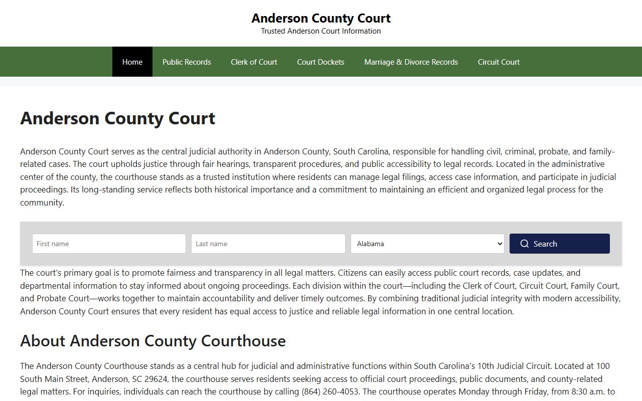 Anderson County Courts portal providing access to civil, criminal, and family court records