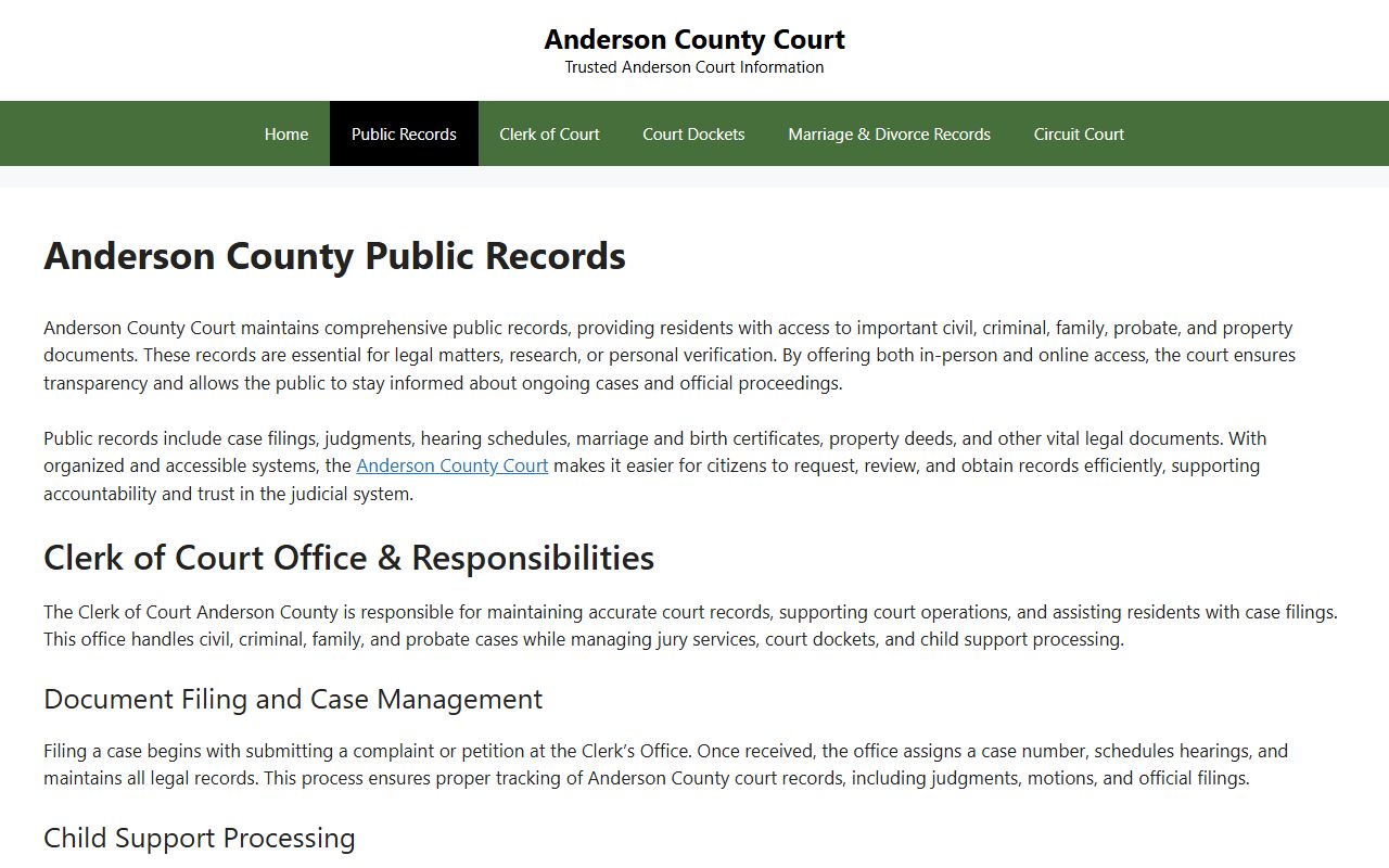 Anderson County public records page showing court record access options