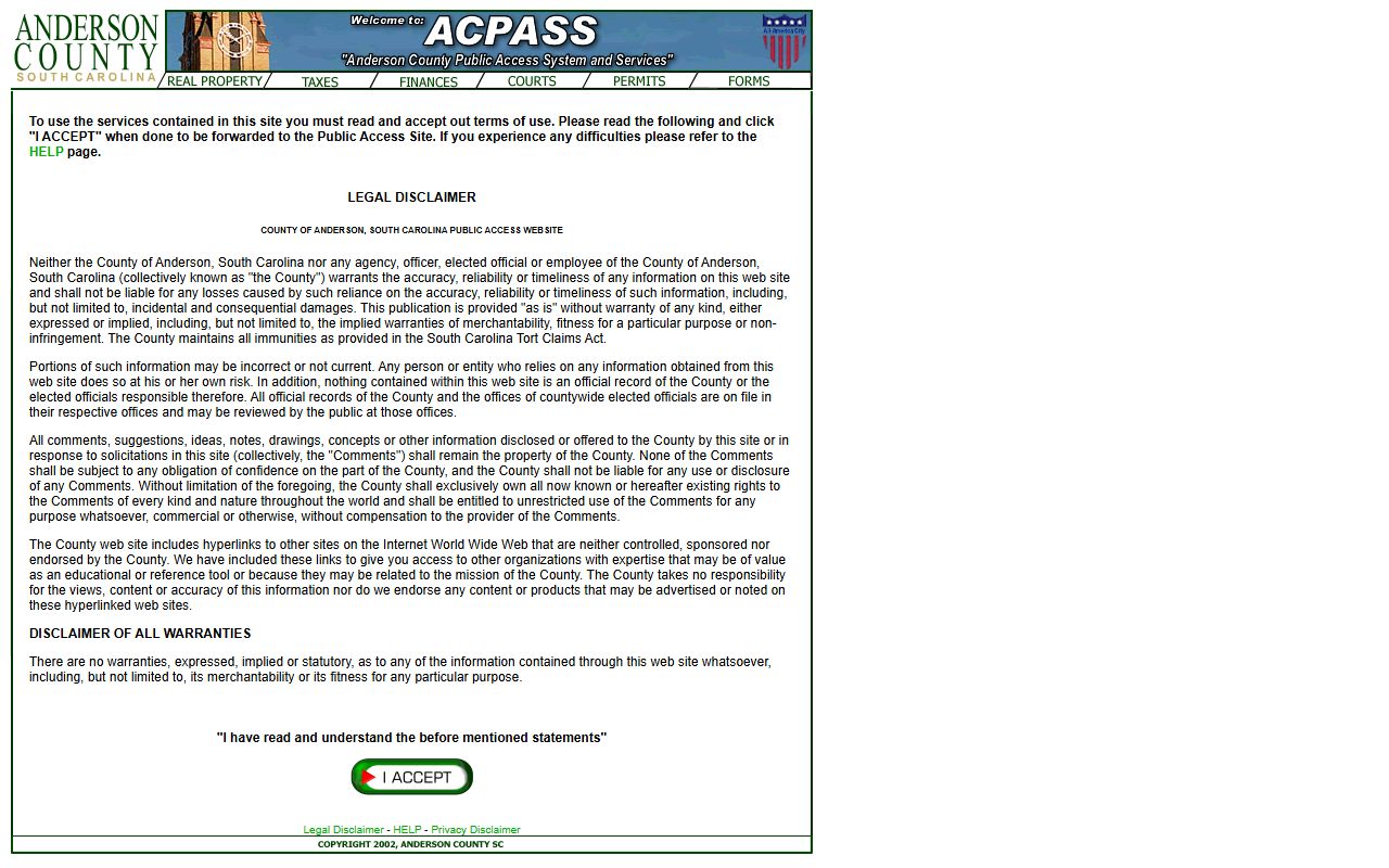 ACPASS database search interface for Anderson County public records