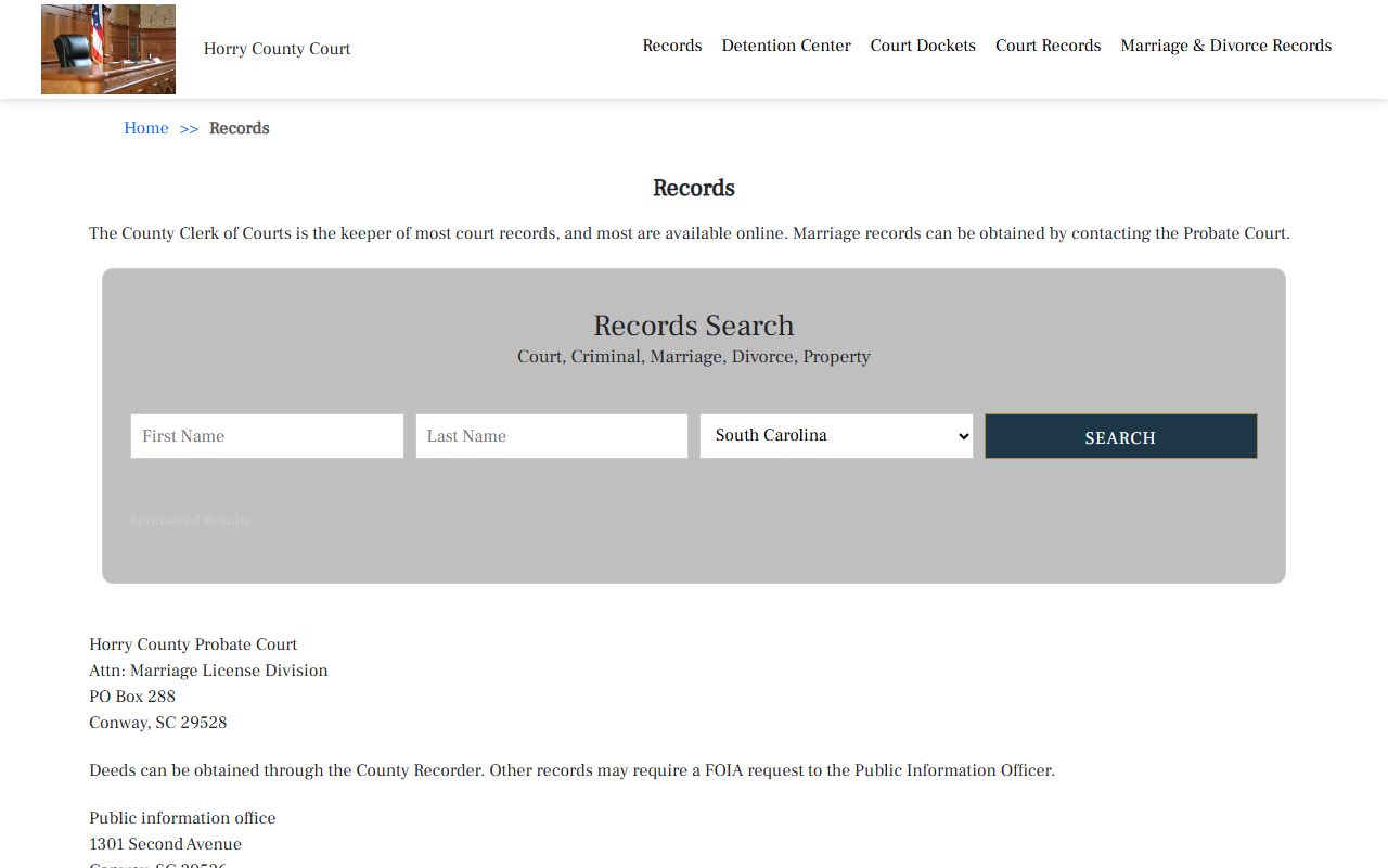 Horry County Clerk of Court records page for Horry County bankruptcy records