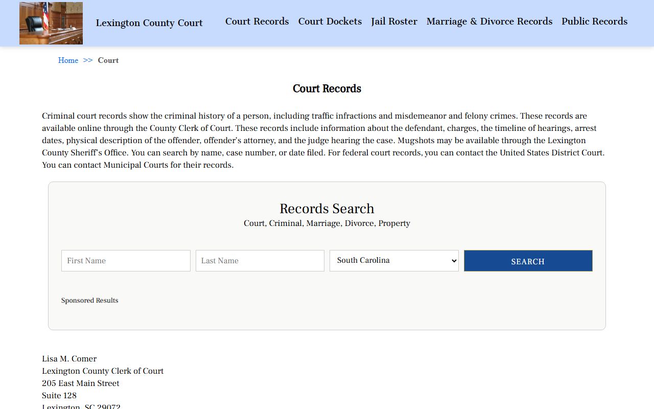 Lexington County Clerk of Court website for Lexington County bankruptcy records