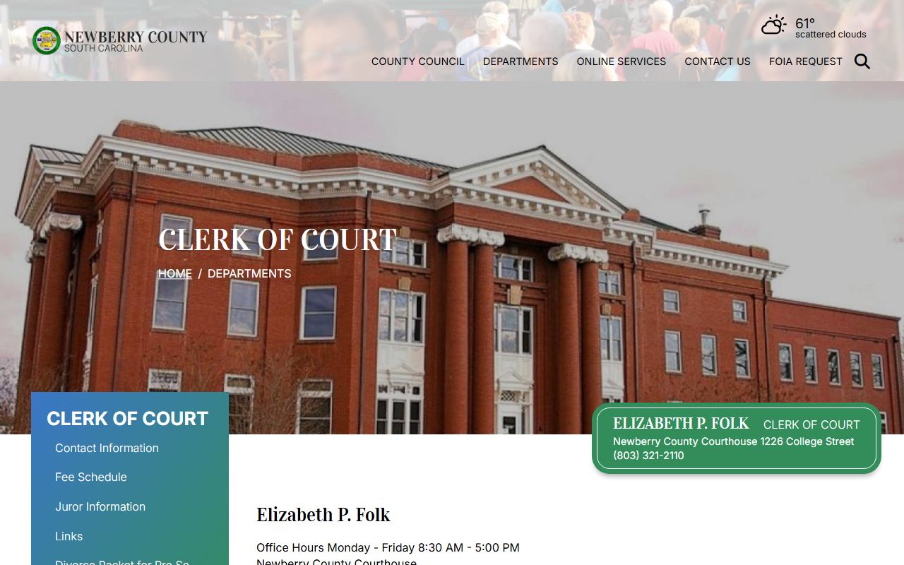 Newberry County Clerk of Court official website page showing contact information and office services