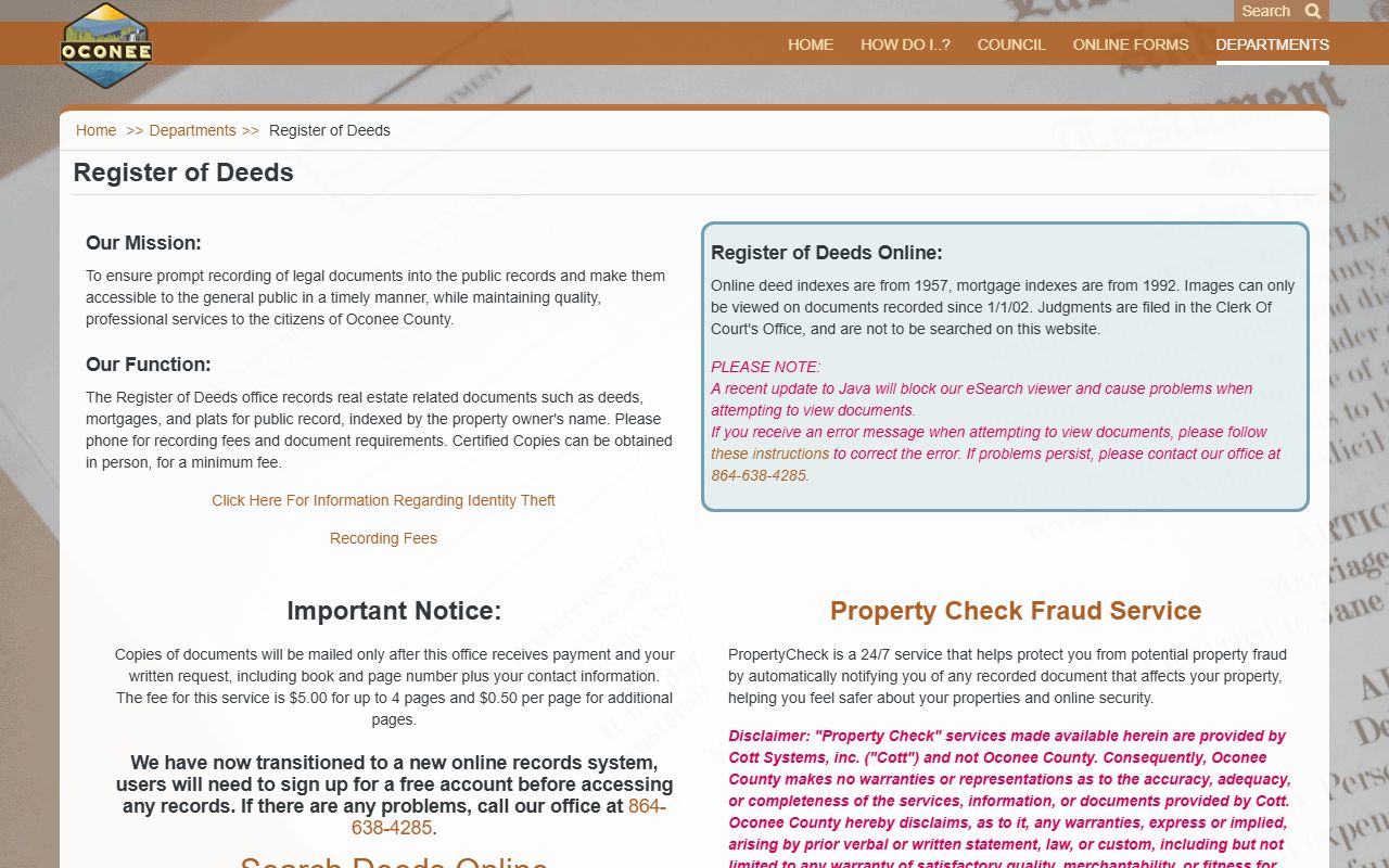 Oconee County Register of Deeds official website showing online deed index access and recording services