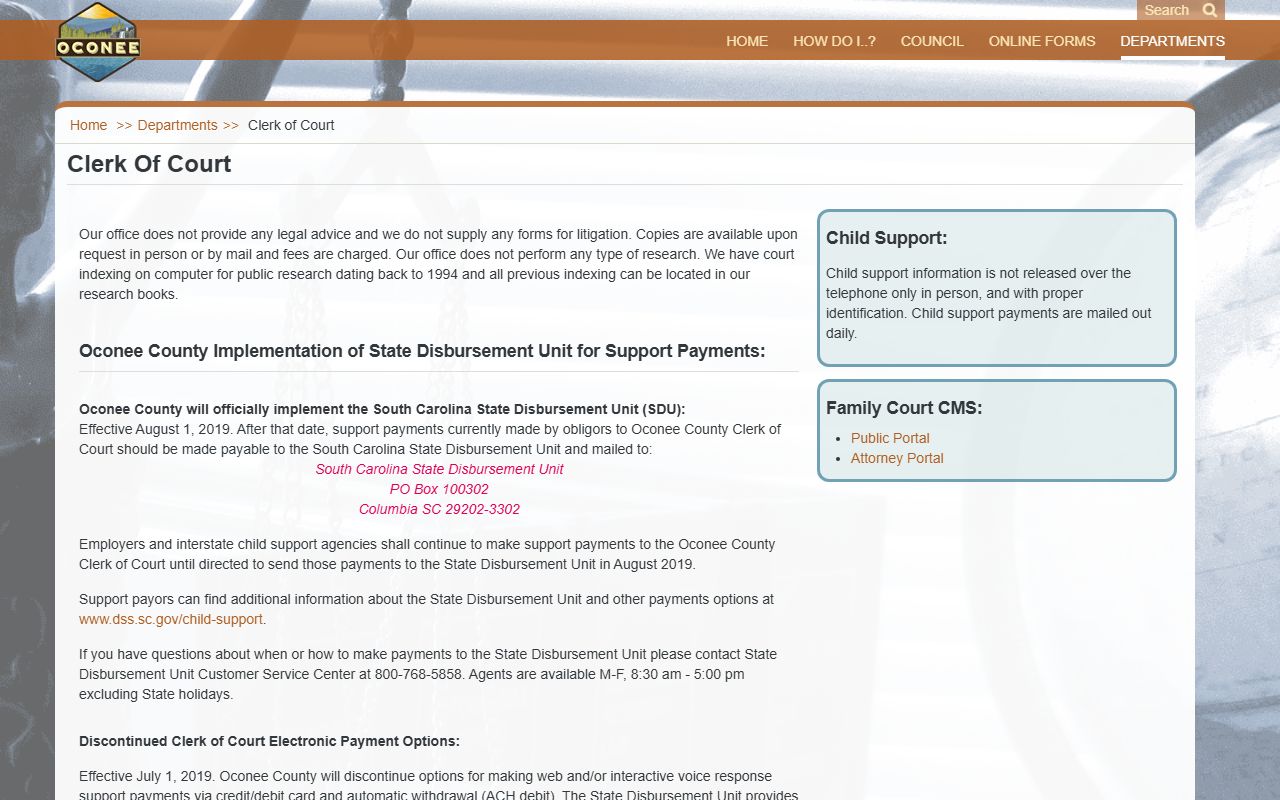SC Judicial Public Index for Oconee County showing circuit and family court case search interface