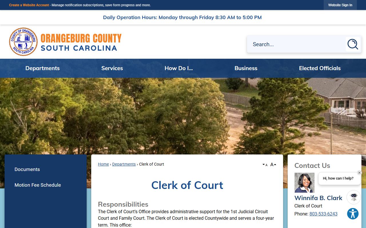 Orangeburg County Clerk of Court official website page showing contact information and court services