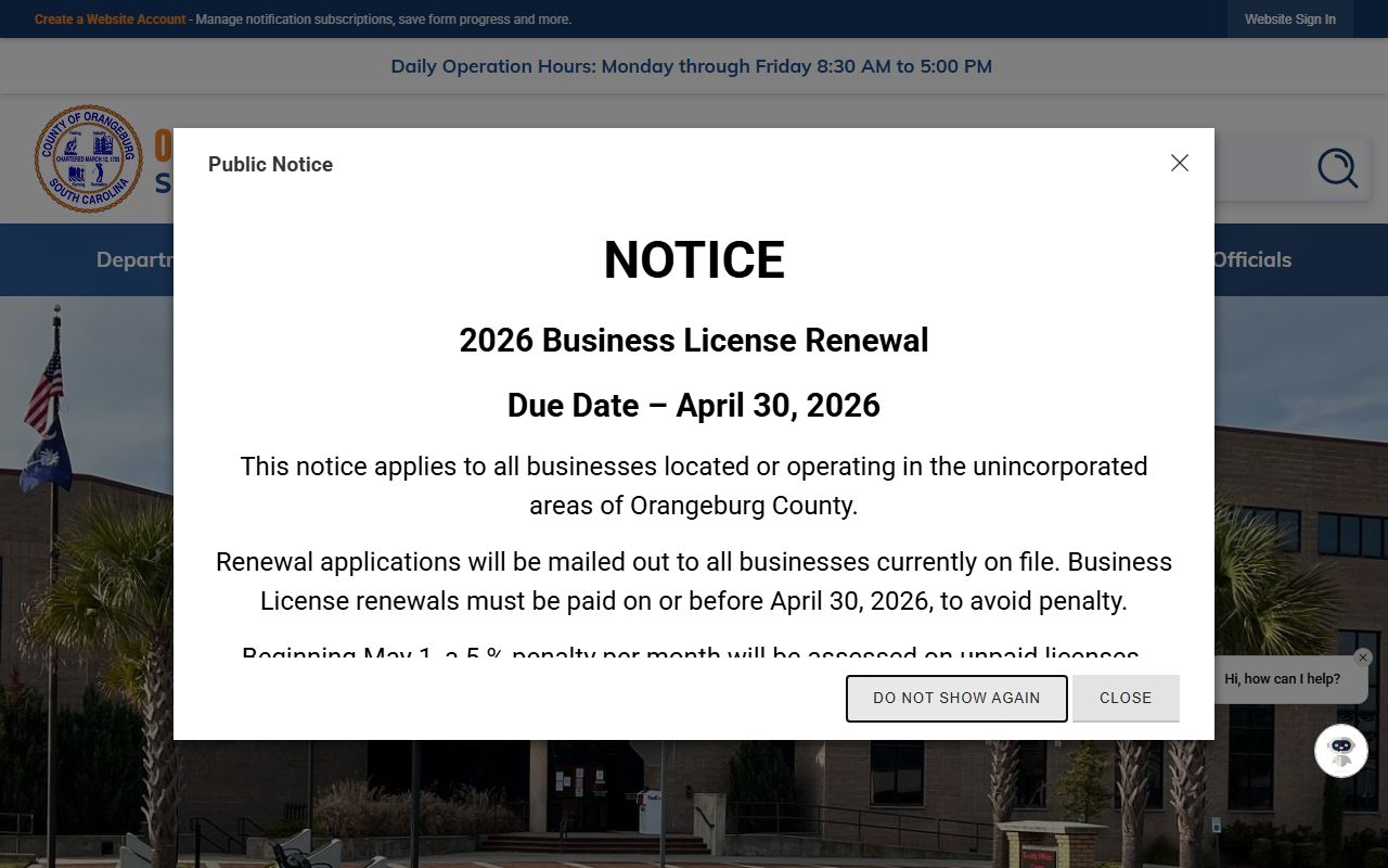 Orangeburg County government website showing Register of Deeds and county records services