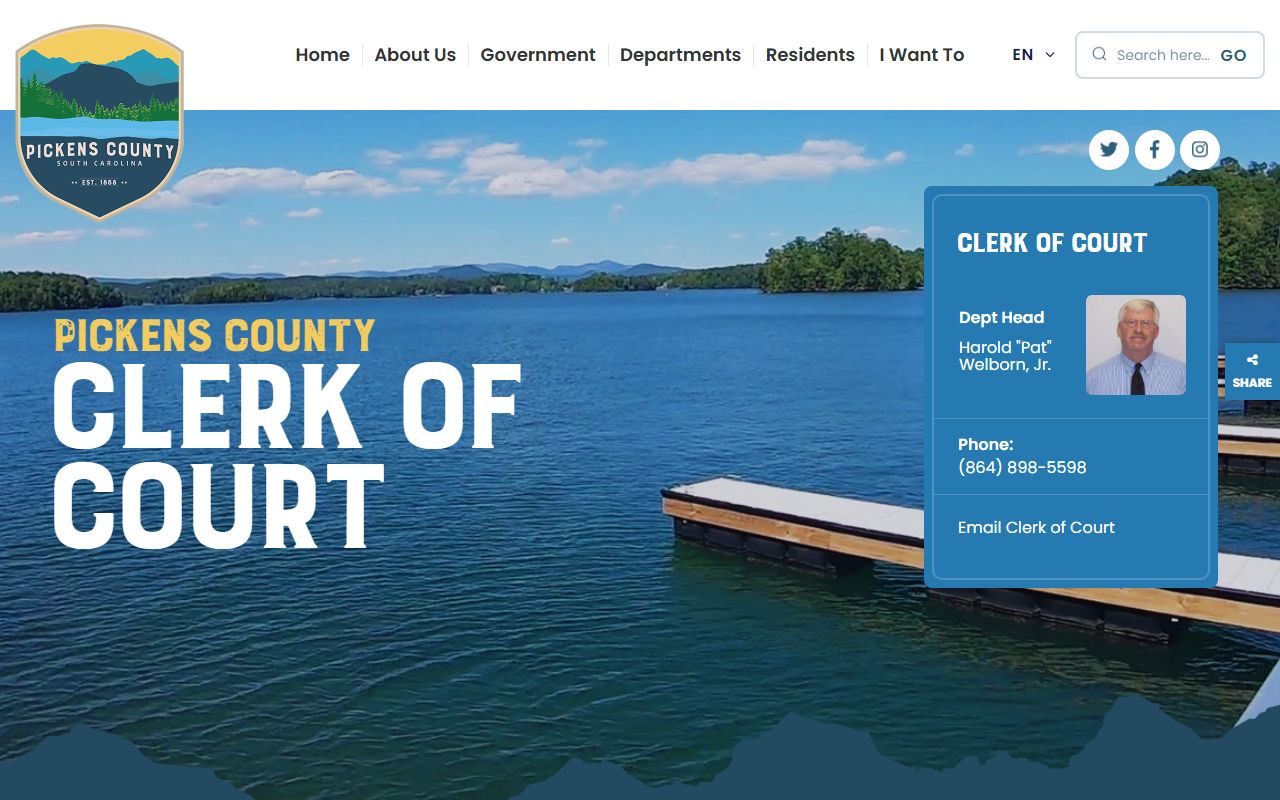Pickens County Clerk of Court website showing court services, contact information, and records access for the 10th Judicial Circuit