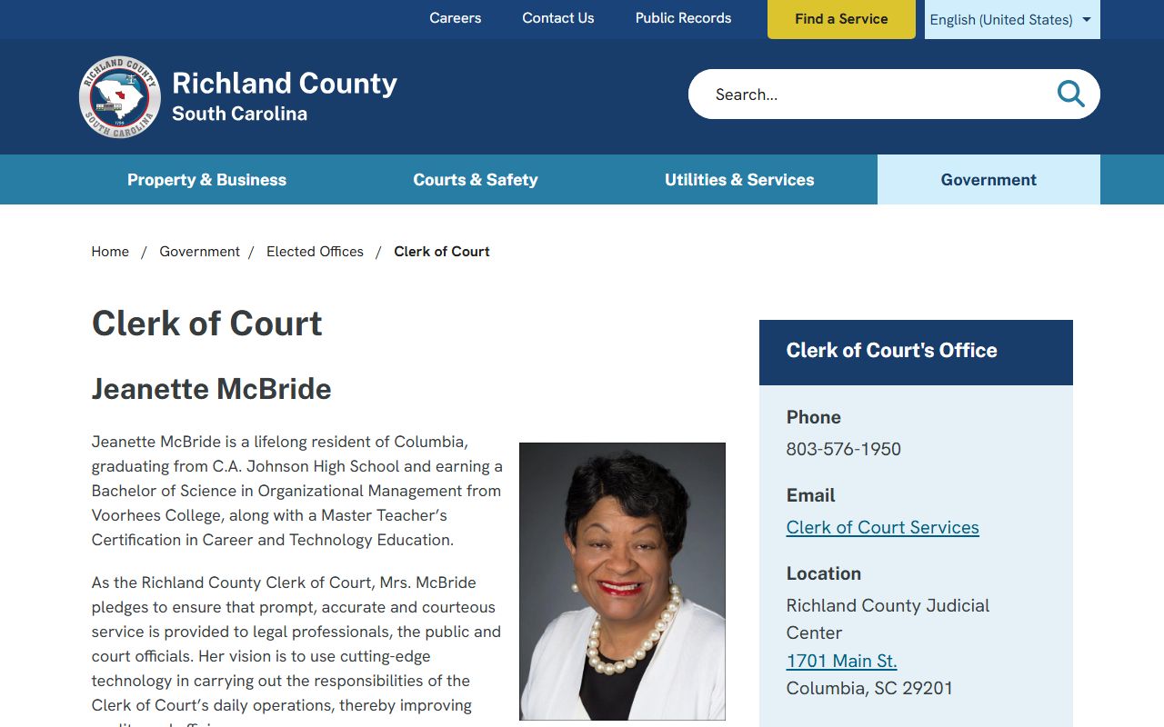 Richland County Clerk of Court official page showing court services, contact information, and online access tools for Columbia SC