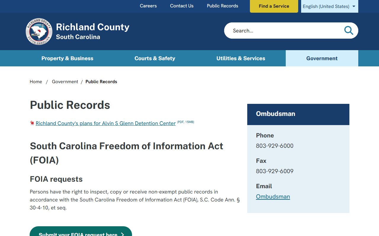 Richland County Public Records page on the county government website showing records access resources for Columbia SC residents