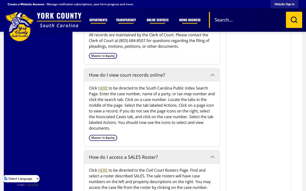 York County SC Public Index for court and judgment records related to bankruptcy research