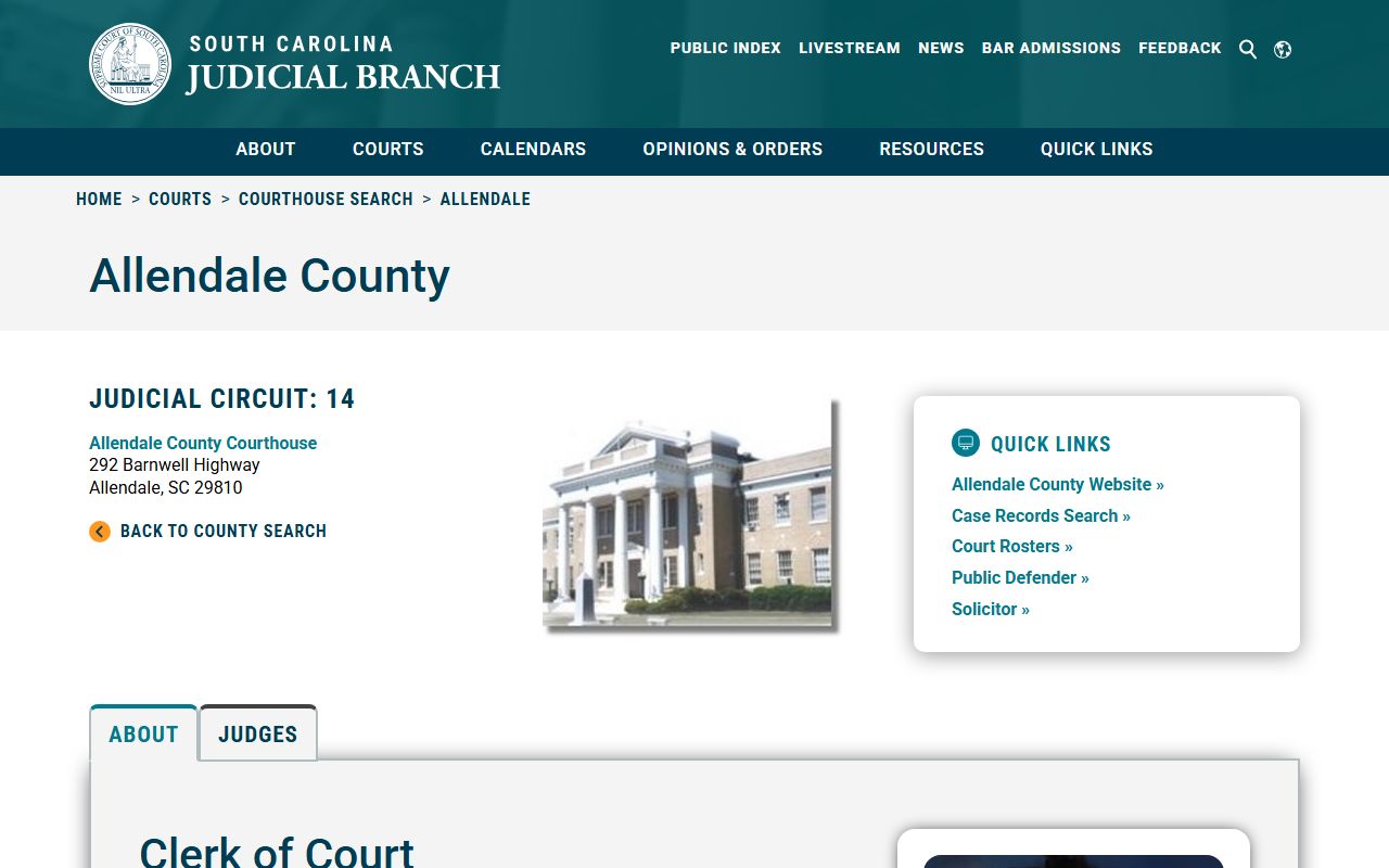 South Carolina Courts website showing Allendale County Clerk of Court details for records access