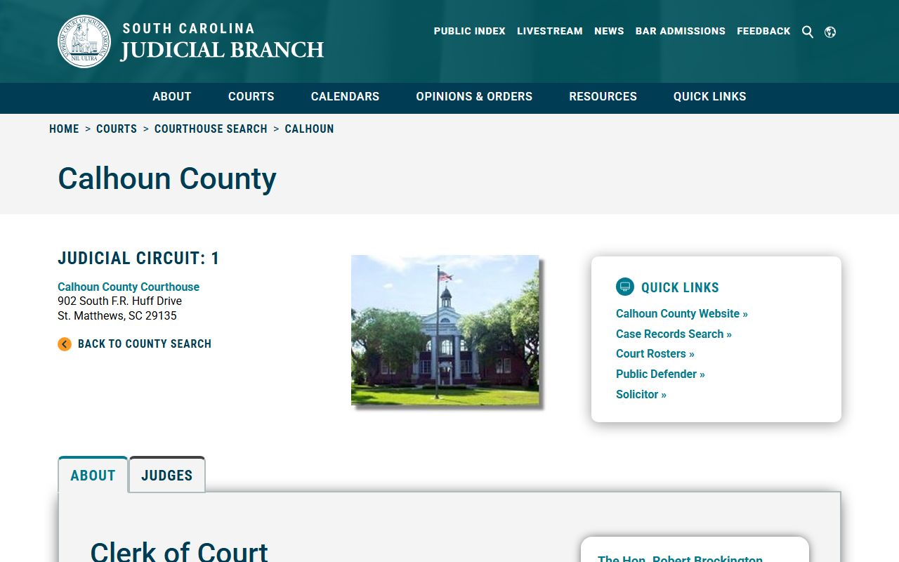 South Carolina Courts website showing Calhoun County court information for records access