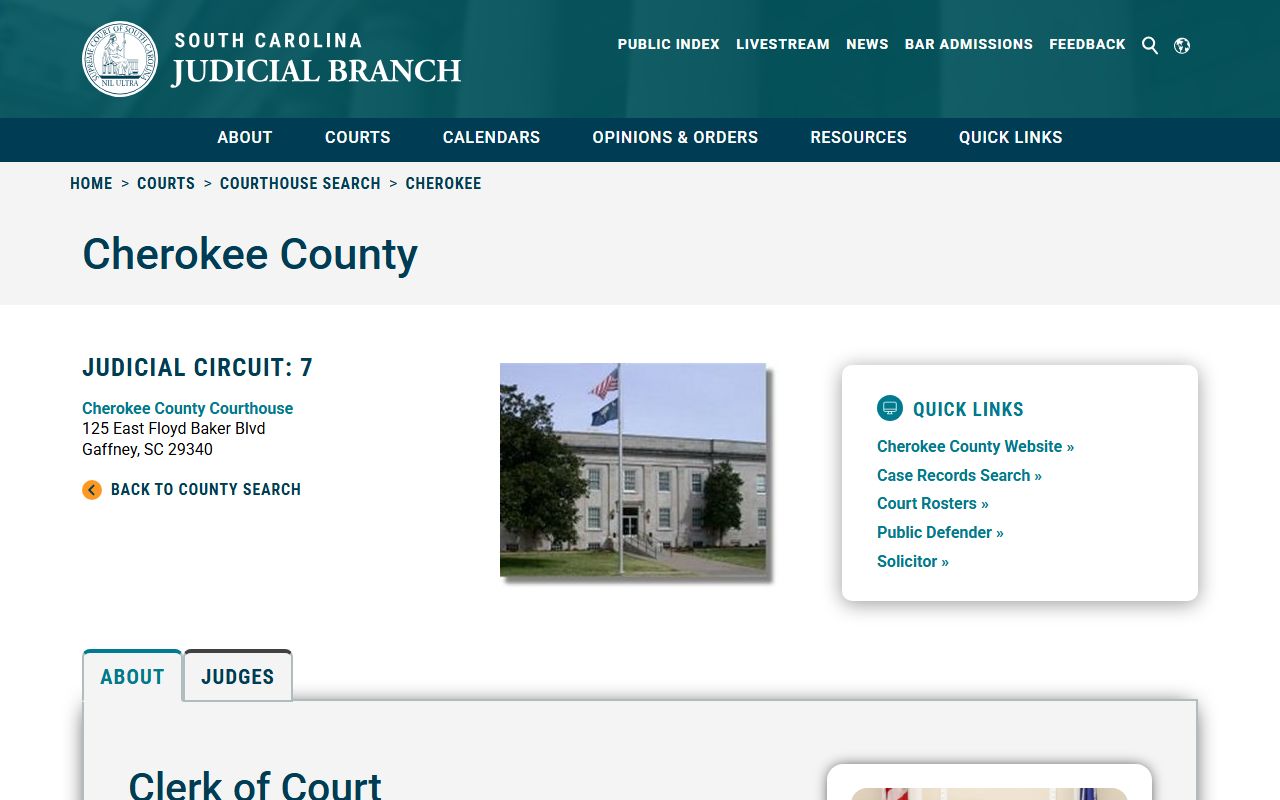 South Carolina Courts website showing Cherokee County Register of Deeds information for bankruptcy records research