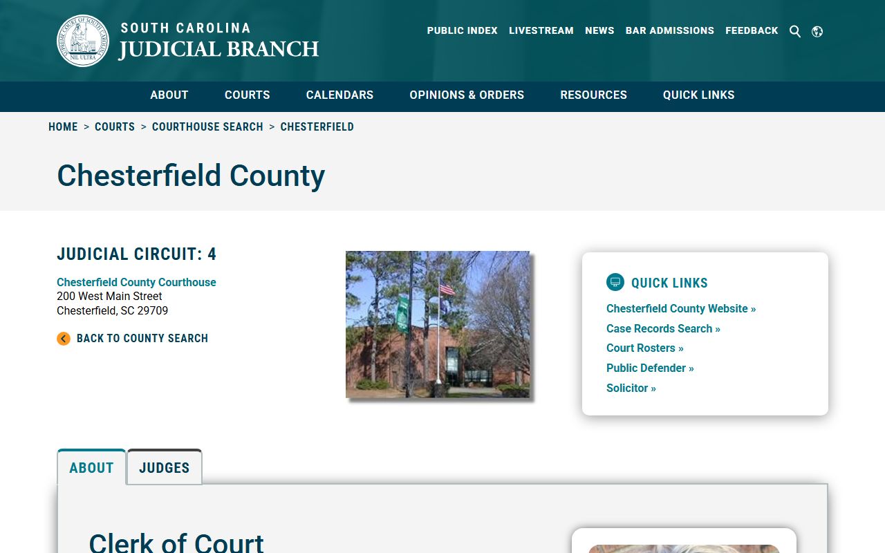 South Carolina Courts website showing Chesterfield County Register of Deeds contact information