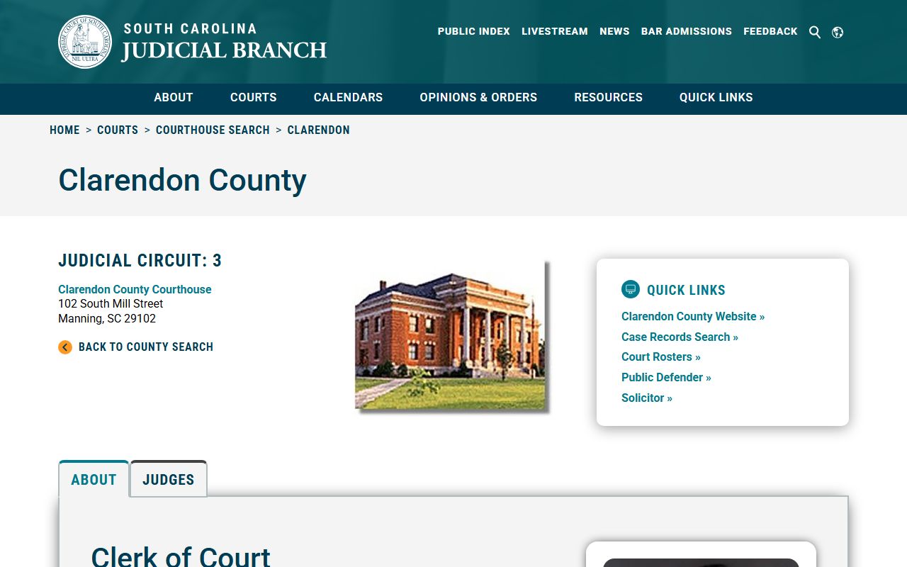 South Carolina Courts website showing Clarendon County Clerk of Court information for public records