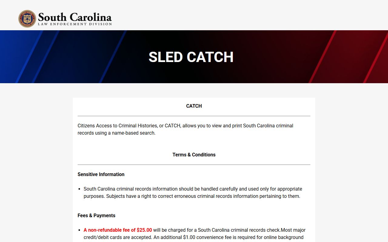 SLED CATCH system for South Carolina criminal records checks related to public records research