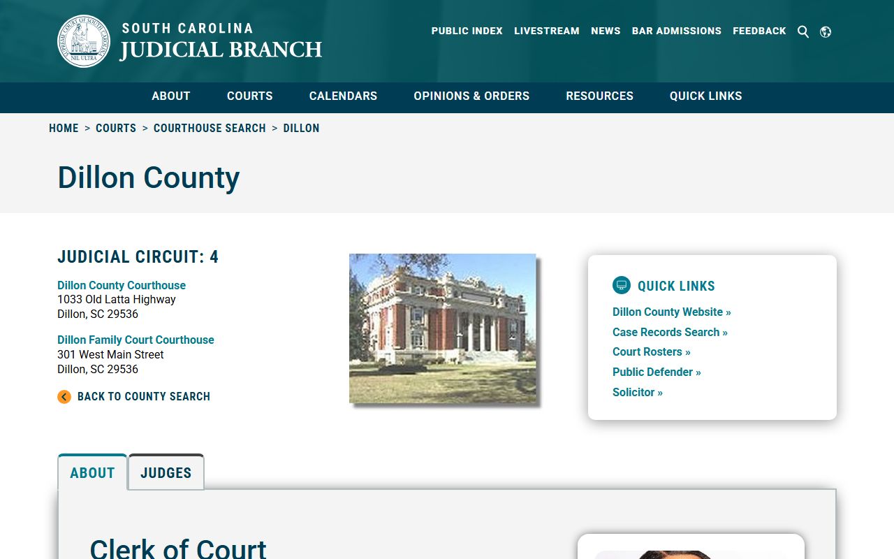 South Carolina Courts website showing Dillon County Clerk of Court and Register of Deeds information