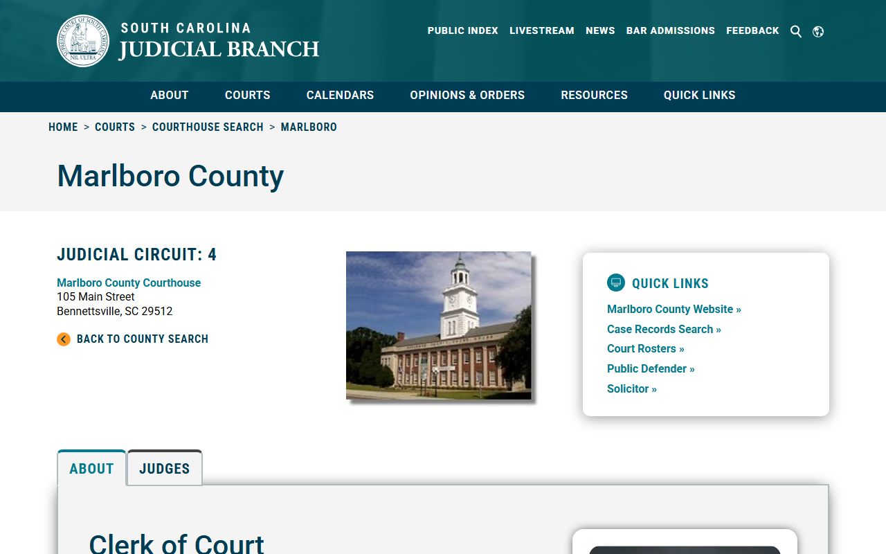 South Carolina Courts website showing Marlboro County Clerk of Court information for historical records access