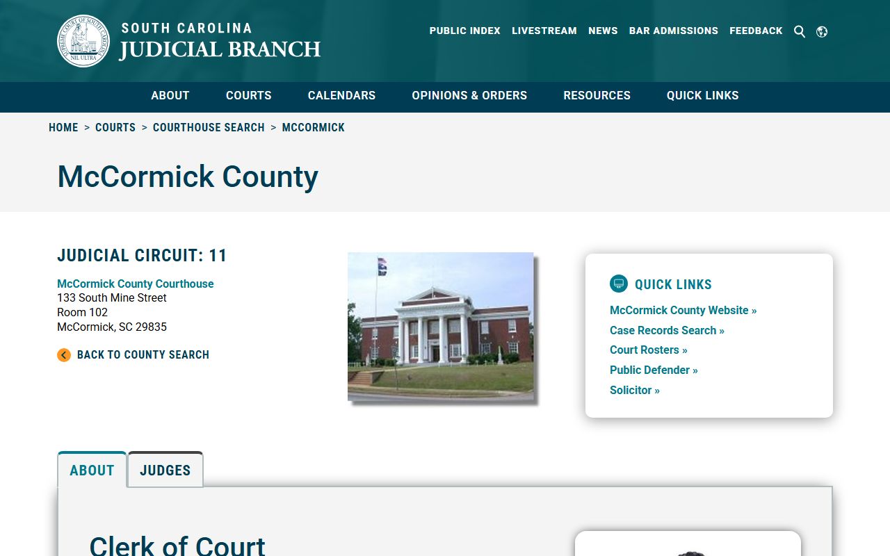 South Carolina Courts showing McCormick County Clerk of Court details for bankruptcy records research