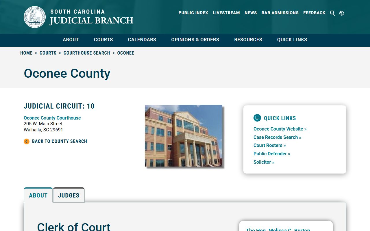 South Carolina Courts website showing Oconee County courthouse information for records research