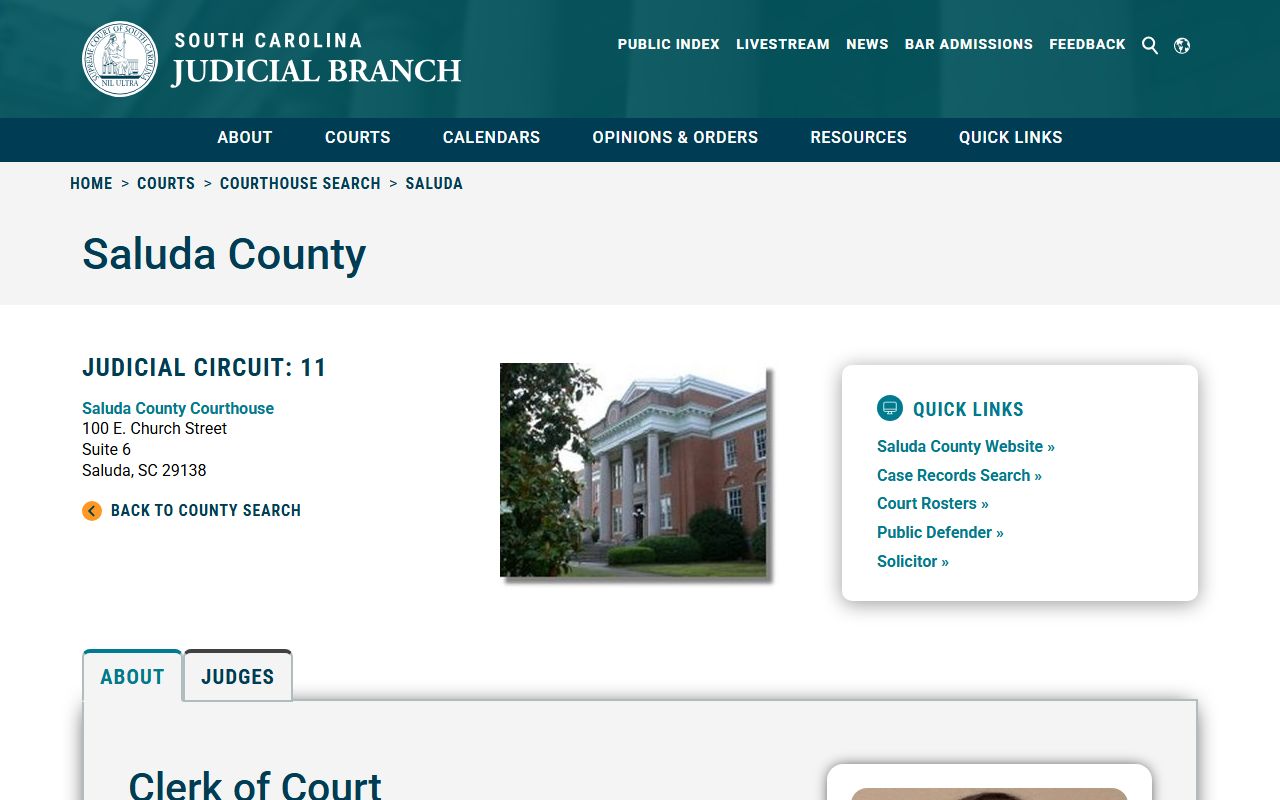 South Carolina Courts website showing Saluda County Clerk of Court information for public records access