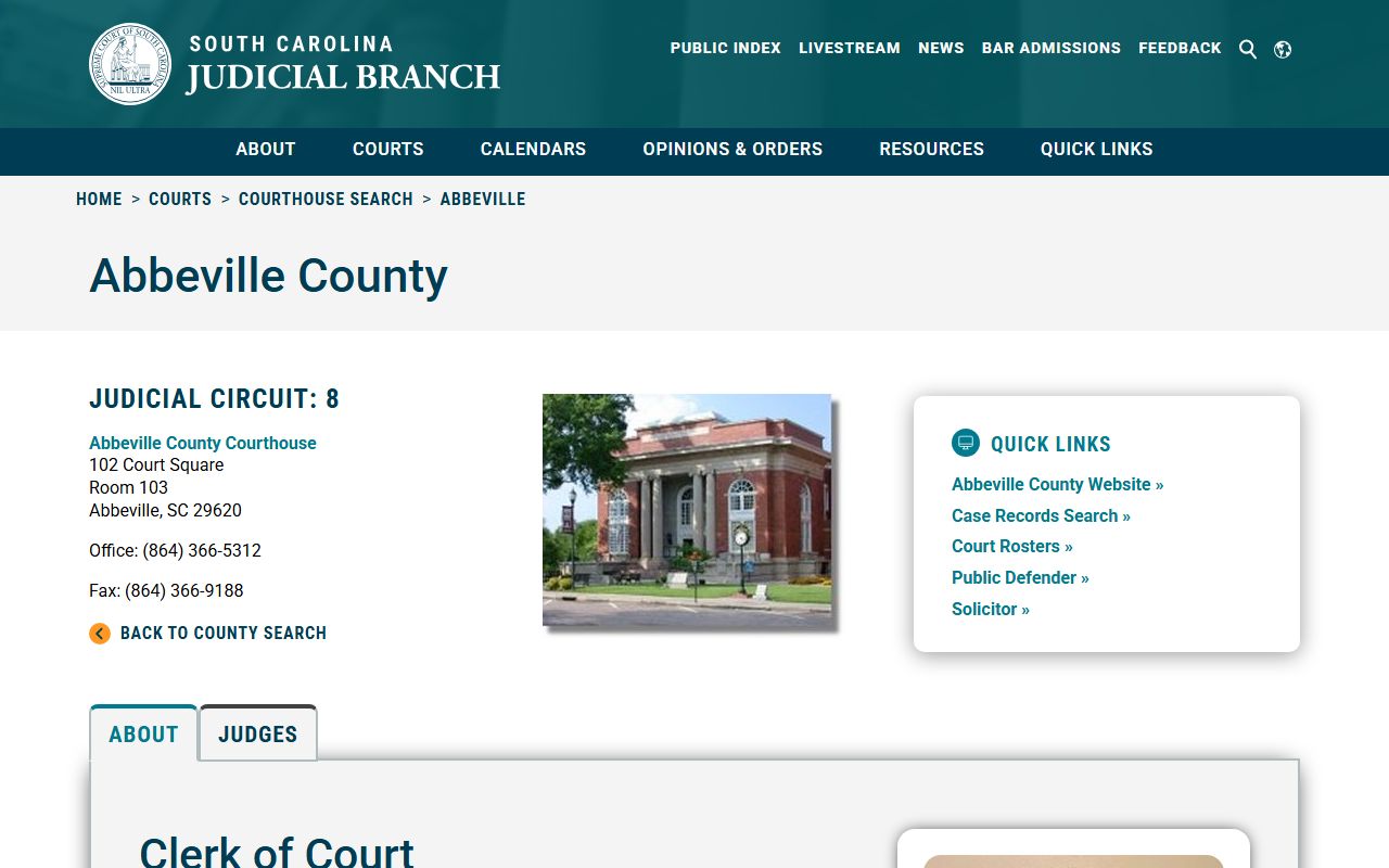 South Carolina Courts courthouse search page showing Abbeville County court information