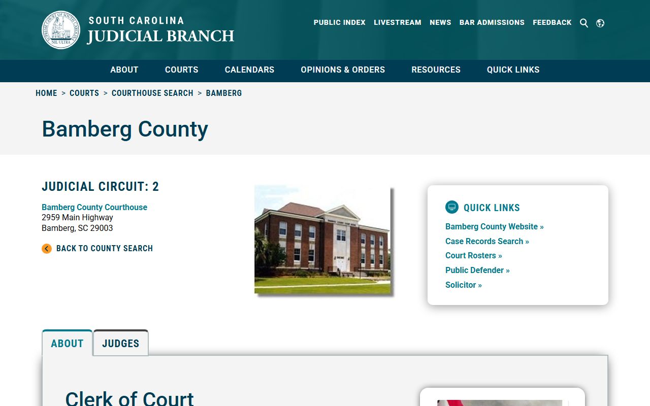 South Carolina Courts website showing Bamberg County courthouse information for court records access